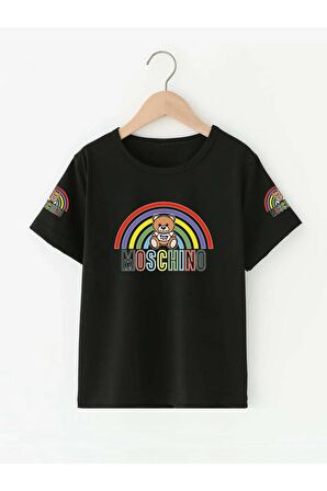 Çocuk Oversize Unisex Gökkuşağı Moschıno Pamuklu Bisiklet Yaka Tişört