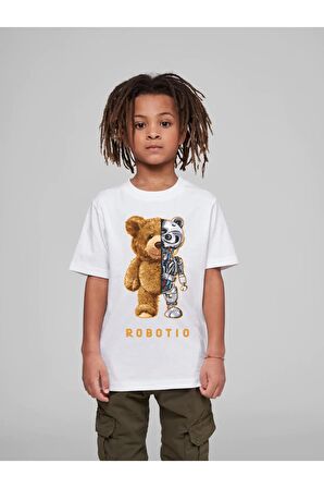Çocuk Oversize Unisex Robotıo Pamuklu Bisiklet Yaka Tişört