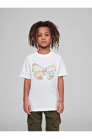 Çocuk Oversize Unisex Renkli Kelebek Pamuklu Bisiklet Yaka Tişört