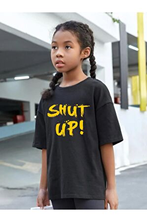 Çocuk Oversize Unisex Shut Up Baskılı Pamuklu Bisiklet Yaka Tişört