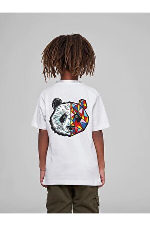 Çocuk Oversize Unisex Renkli Panda Pamuklu Bisiklet Yaka Tişört