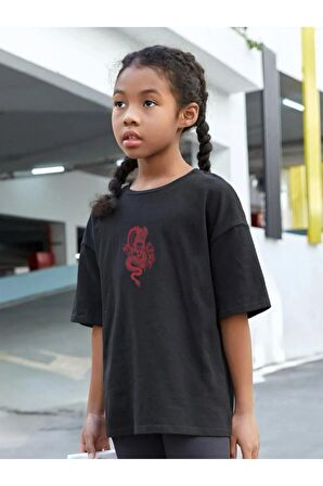 Çocuk Oversize Unisex Dragon Pamuklu Bisiklet Yaka Tişört