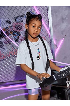 Çocuk Oversize Unisex Gezegenler Pamuklu Bisiklet Yaka Tişört