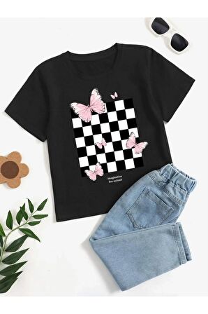 Unısex Rahat Kalıp Pamuklu Dama Kelebek Baskılı Çocuk T-shirt