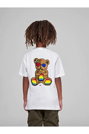 Çocuk Oversize Unisex Renkli Ayıcık Pamuklu Bisiklet Yaka Tişört