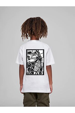 Çocuk Oversize Unisex Parçalı Iskelet Baskılı Pamuklu Bisiklet Yaka Tişört