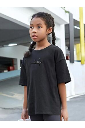 Çocuk Oversize Unisex Düğüm Pamuklu Bisiklet Yaka Tişört
