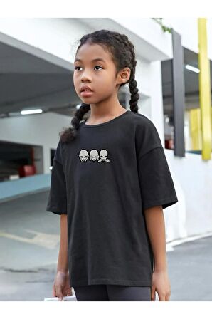 Çocuk Oversize Unisex 3 Uzaylı Pamuklu Bisiklet Yaka Tişört