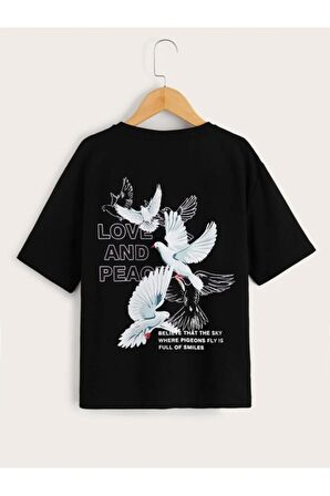 Unısex Rahat Kalıp Pamuklu Beyaz Güvercin Baskılı Çocuk T-shirt