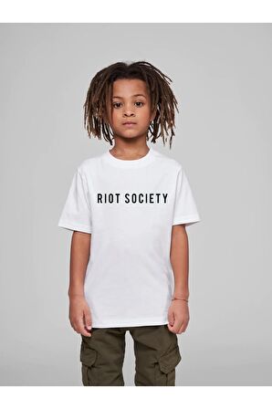 Çocuk Oversize Unisex Rıot Socıety Pamuklu Bisiklet Yaka Tişört