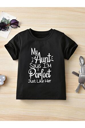 Unısex Rahat Kalıp Pamuklu Aunt Baskılı Çocuk T-shirt