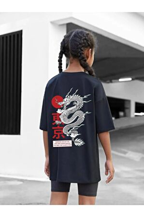 Çocuk Oversize Unisex Kırmızı Ejder Pamuklu Bisiklet Yaka Tişört