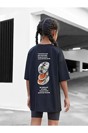 Çocuk Oversize Unisex Dilimli Ay Pamuklu Bisiklet Yaka Tişört