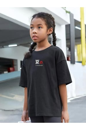 Çocuk Oversize Unisex Kedi Pamuklu Bisiklet Yaka Tişört