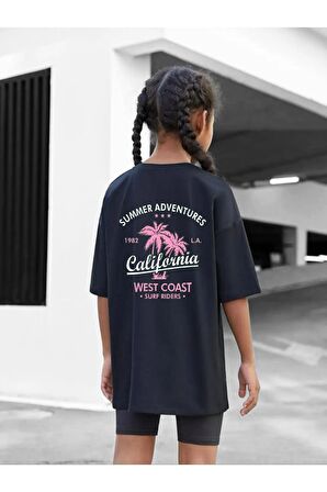 Çocuk Oversize Unisex Pembe Calıfornıa Pamuklu Bisiklet Yaka Tişört