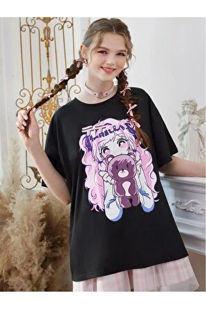 Unisex PEMBE ANİME Baskılı Oversize Tshırt