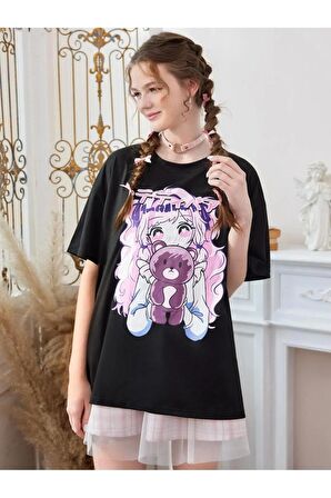 Unisex PEMBE ANİME Baskılı Oversize Tshırt