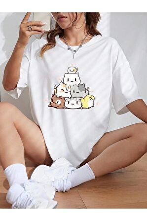 Unisex Minik Kediler Baskılı Oversize Tshırt