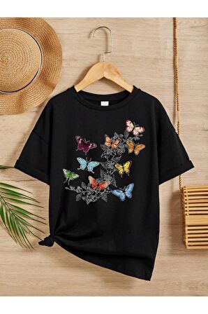 Unisex Rahat Kalıp Pamuklu Baskılı Siyah Çocuk T-shirt