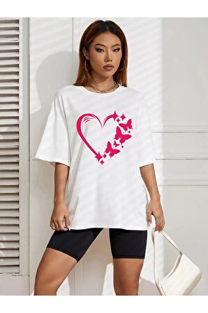 Unisex PEMBE KELEBEK KALP Baskılı Oversize Tshırt