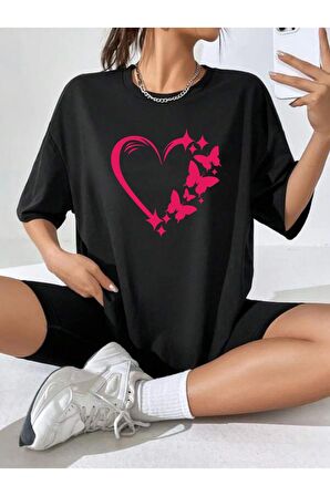 Unisex PEMBE KELEBEK KALP Baskılı Oversize Tshırt
