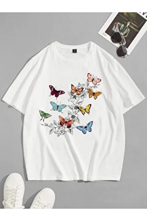 Unisex Çok Çok Kelebek Baskılı Oversize Tshırt