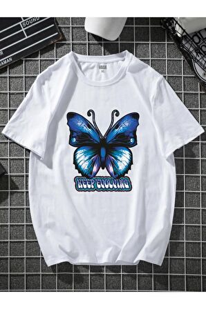 Unisex Mavi Kelebek Oversize Tshirt