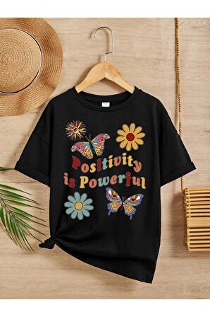 Unisex Rahat Kalıp Pamuklu Baskılı Siyah Çocuk T-shirt