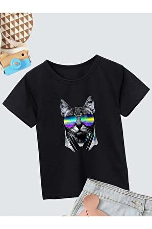Ünisex Rahat Kalıp Pamuklu Baskılı Siyah Çocuk T-shirt
