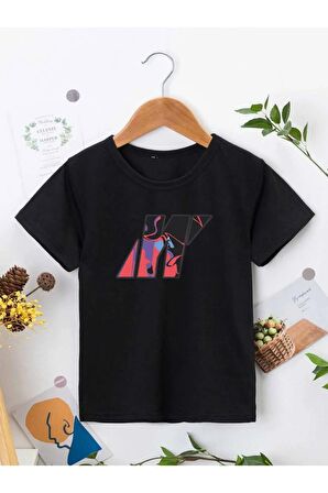 Ünisex Rahat Kalıp Pamuklu Baskılı Siyah Çocuk T-shirt