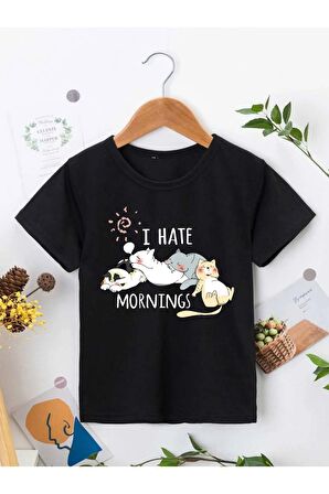 Ünisex Rahat Kalıp Pamuklu Baskılı Siyah Çocuk T-shirt