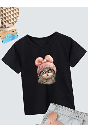 Ünisex Rahat Kalıp Pamuklu Baskılı Siyah Çocuk T-shirt