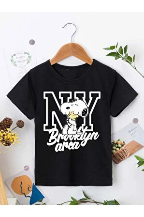 Ünisex Rahat Kalıp Pamuklu Baskılı Siyah Çocuk T-shirt