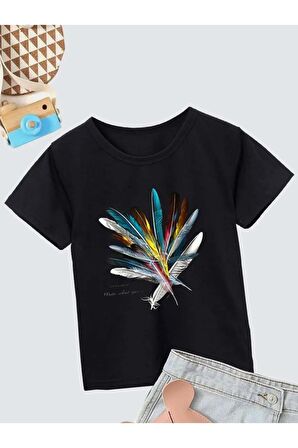 Ünisex Rahat Kalıp Pamuklu Baskılı Siyah Çocuk T-shirt