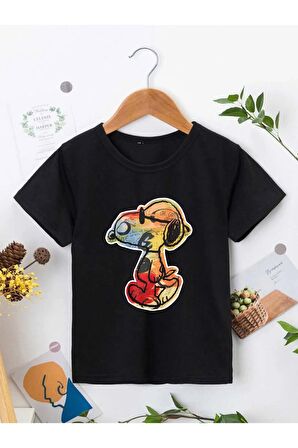 Ünisex Rahat Kalıp Pamuklu Baskılı Siyah Çocuk T-shirt