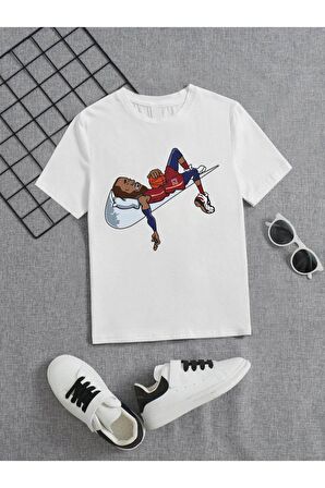 Ünisex Rahat Kalıp Pamuklu Baskılı Beyaz Çocuk T-shirt