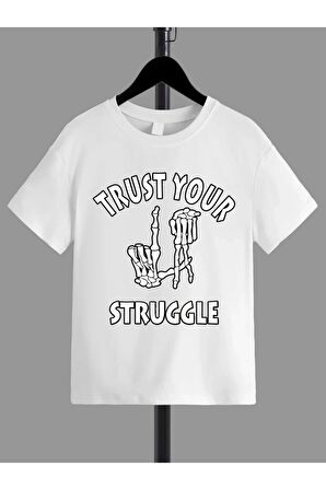 Ünisex Rahat Kalıp Pamuklu Baskılı Beyaz Çocuk T-shirt