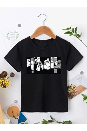 Ünisex Rahat Kalıp Pamuklu Baskılı Siyah Çocuk T-shirt