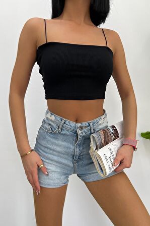 Kadın Slim Fit Kare Yaka İp Askılı Fitilli Crop Büstiyer