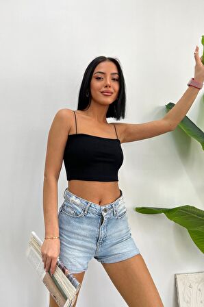 Kadın Slim Fit Kare Yaka İp Askılı Fitilli Crop Büstiyer