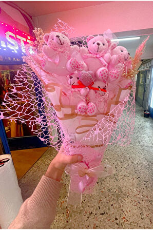 PEMBE Ayıcık hediye buketi - şık tasarımlı fileli ledli sevgili buketi (ışıklı)