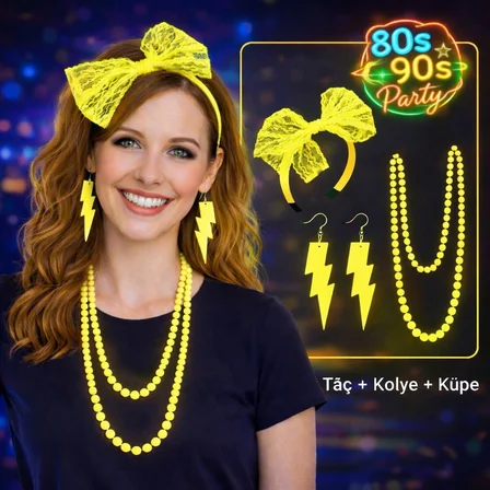 S'82 80'ler 90'lar Neon Sarı Parti Seti - Kolye Küpe Taç