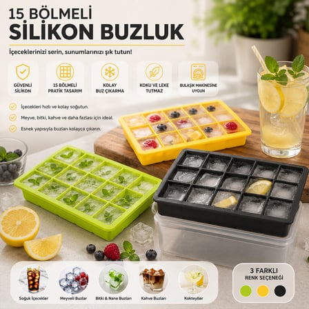 S'82 Silikon Buz Kalıbı 15 Bölmeli Çok Renkli Pratik