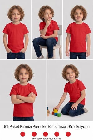 Çocuk T-shirt 5'li Paket Kırmızı Pamuklu Likralı Tişört