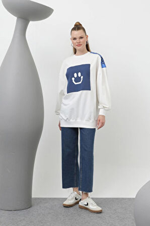 Puane  İki İplik Kumaş Smile Baskılı Oversize Tesettür Sweatshirt