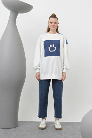 Puane  İki İplik Kumaş Smile Baskılı Oversize Tesettür Sweatshirt