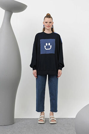 Puane İki İplik Kumaş Smile Baskılı Oversize Tesettür Sweatshirt