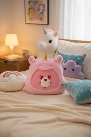MINISO Care Bears Lisanslı Cheer Peluş Yastık 35 Cm – Kostümlü Baş Şekilli Dekoratif Minder