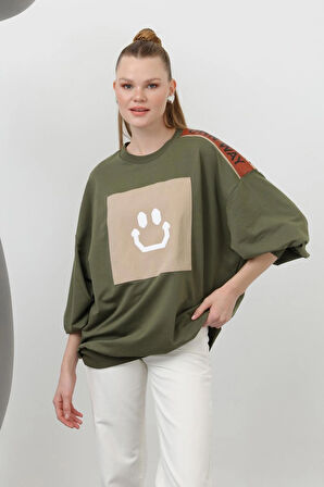 Puane İki İplik Kumaş Smile Baskılı Oversize Tesettür Sweatshirt