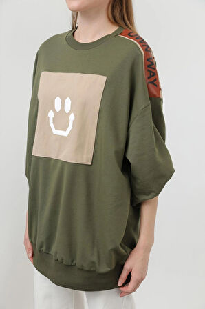 Puane İki İplik Kumaş Smile Baskılı Oversize Tesettür Sweatshirt